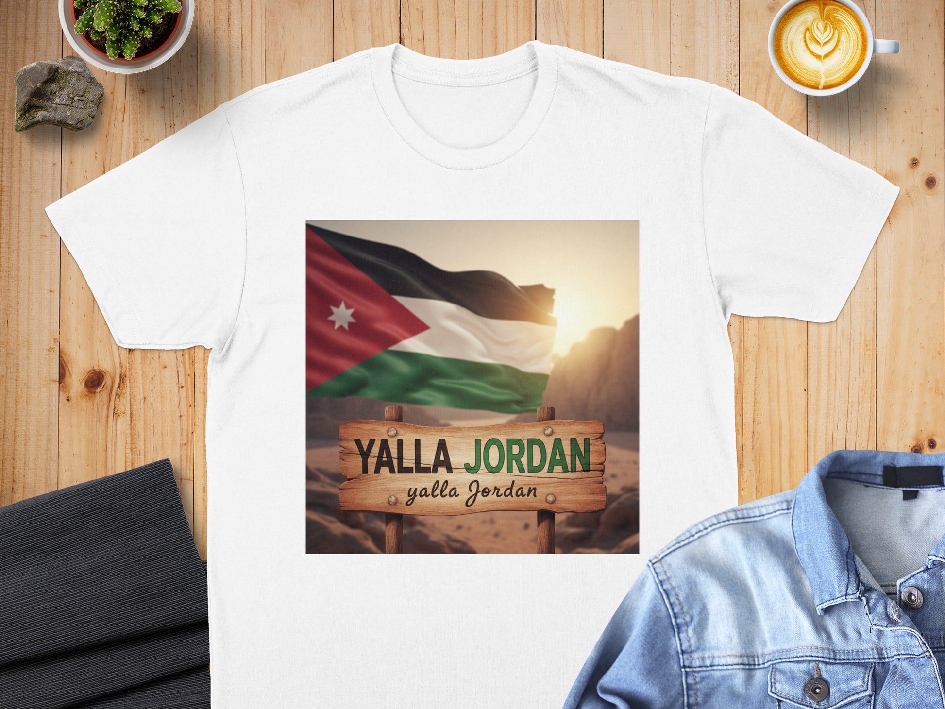 White t-shirt with Jordan flag and "yalla Jordan" text.